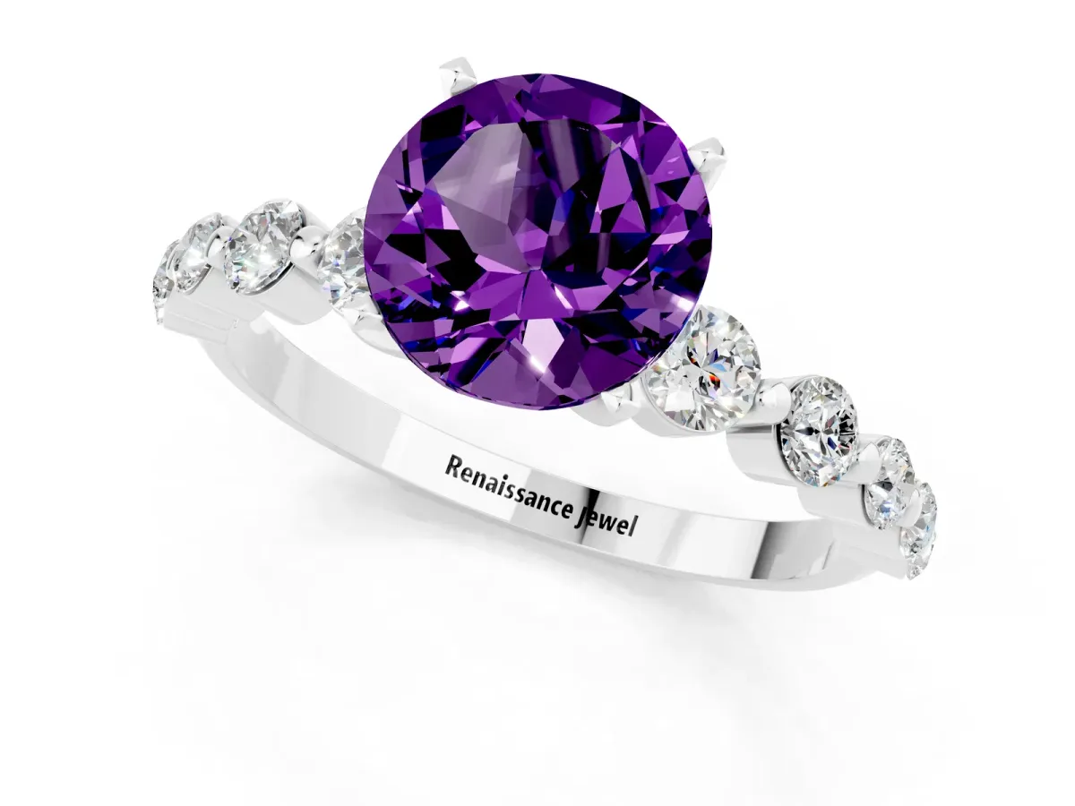 Round Cut Solitaire Amethyst Ring with Pave Band and Four-Prong Setting Silver