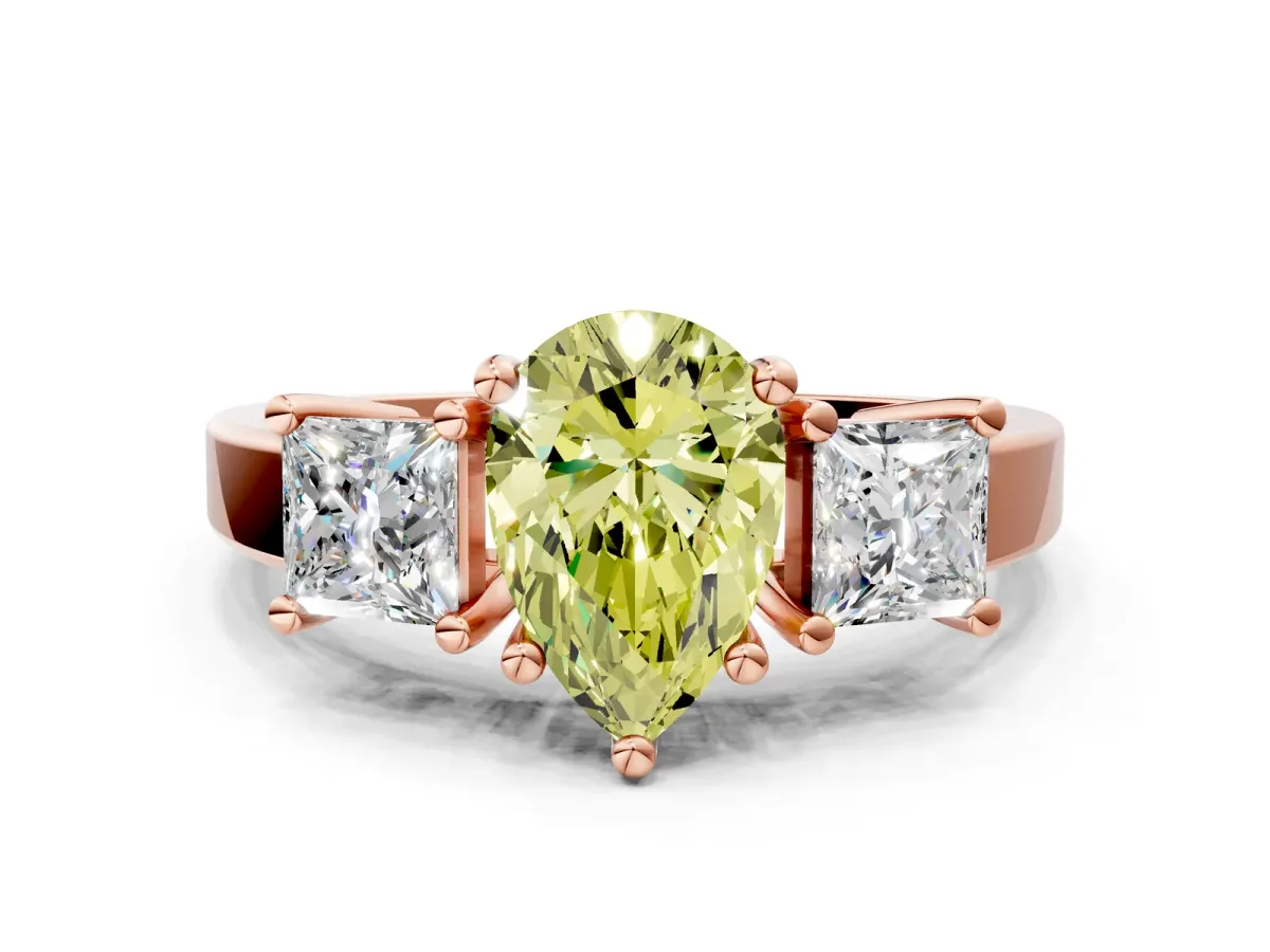 Fancy Yellow Three-Stone Pear Cut Cut Solitaire Ring with Prong Setting Rose gold