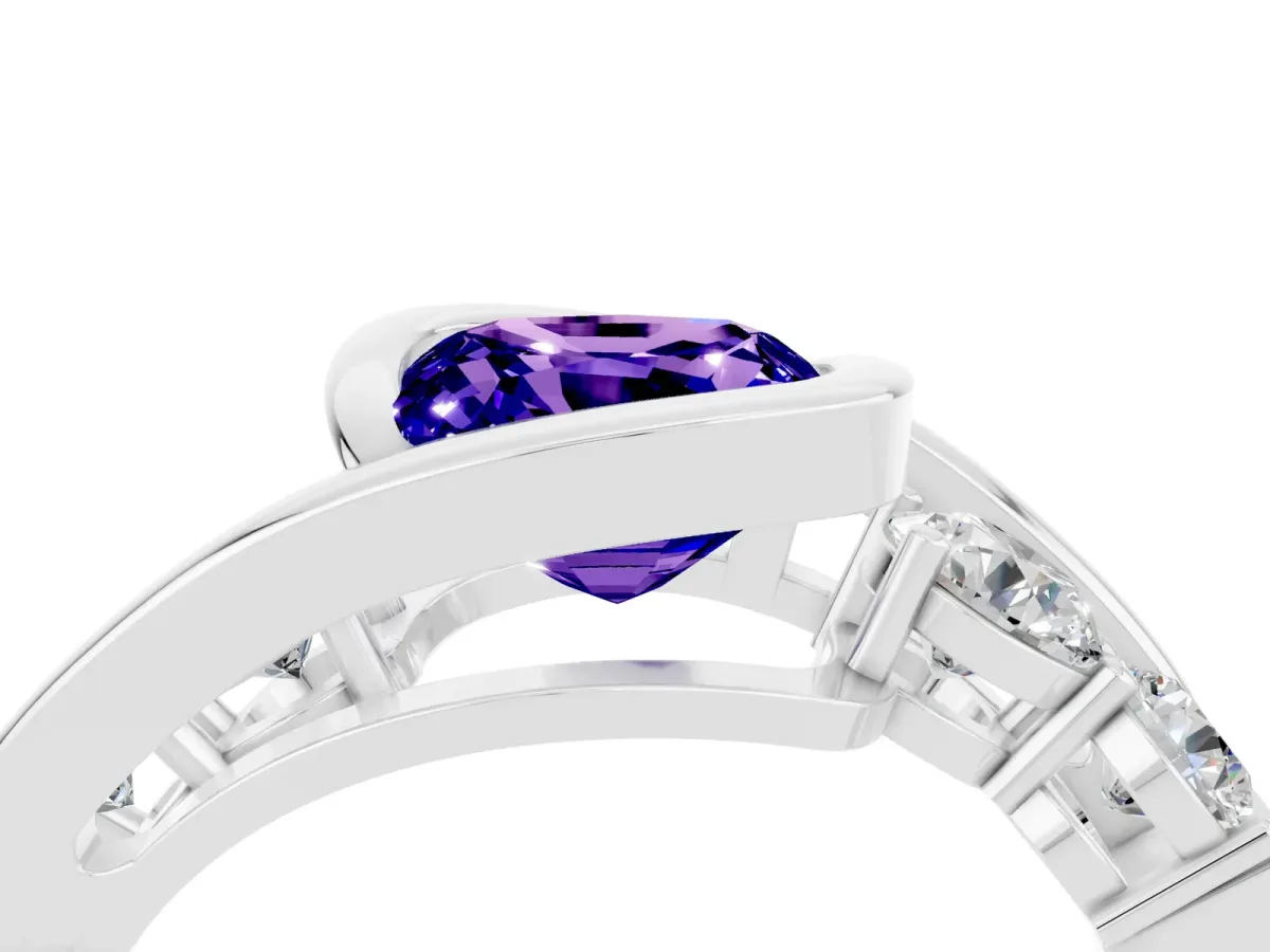 Bezel Set Cushion Cut Tanzanite Bypass Ring with Round Accents Platinum