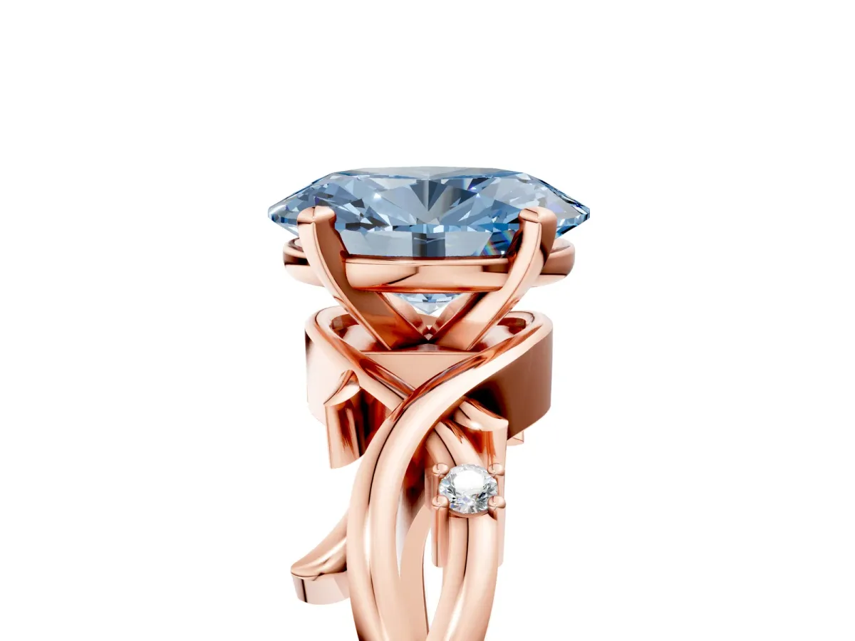 Fancy Blue Oval Cut Diamond Solitaire Ring with Twisted Band and Prong Setting Rose gold