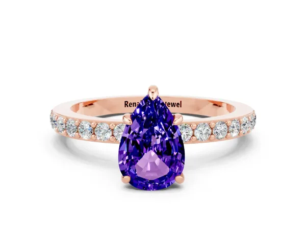 Pear Cut Tanzanite Solitaire Engagement Ring with Pavé Band and Four-Prong Setting Rose gold