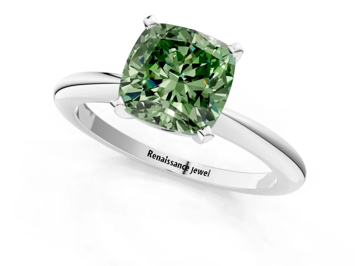 Fancy Green Cushion Cut Diamond Solitaire Ring with Six-Prong Setting and Classic Band Silver
