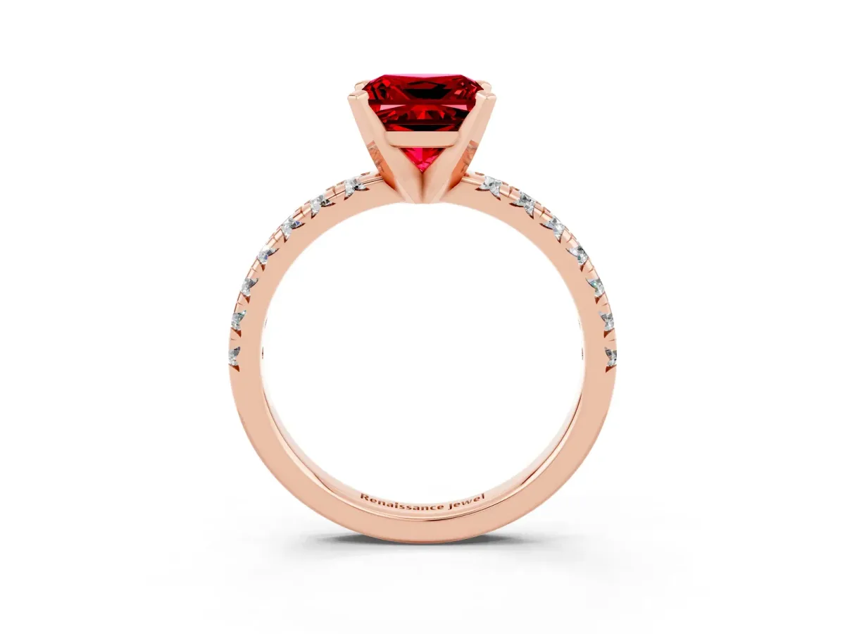 Princess Cut Ruby Solitaire Pavé Engagement Ring with Round Band and Prong Setting Rose gold