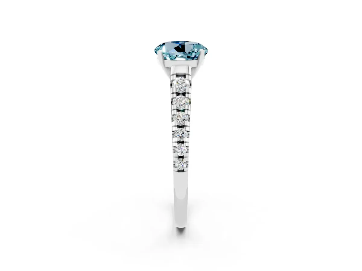 Round Cut Aquamarine Cathedral Solitaire Ring with Round Pavé Band Silver