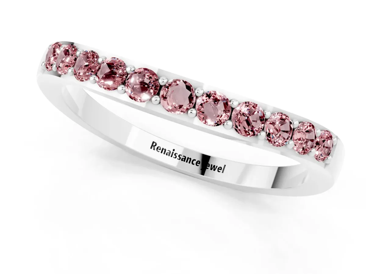 Round Morganite Curved Wedding Band with Channel Setting Silver