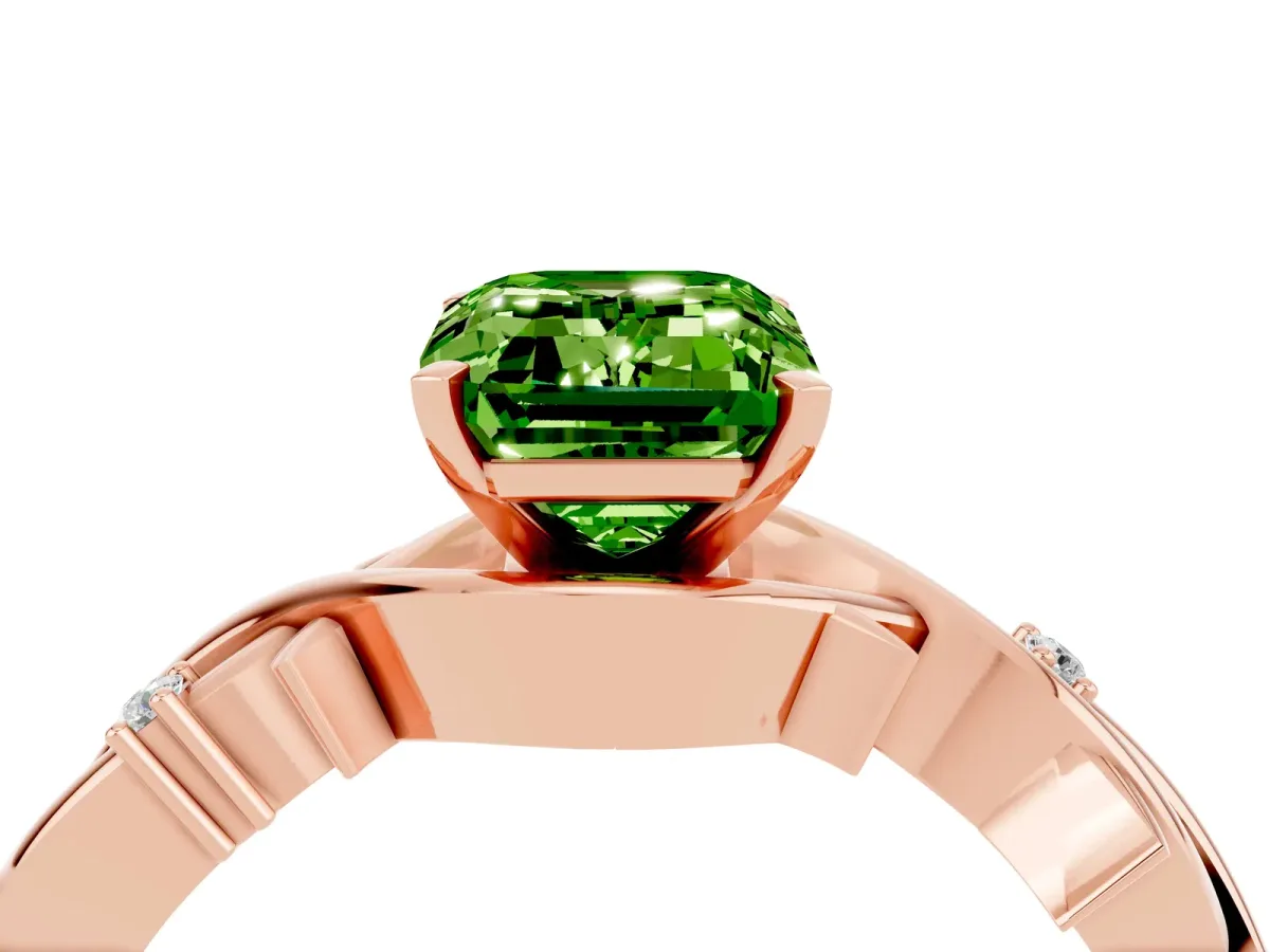 Emerald Cut Peridot Solitaire Ring with Twisted Band and Prong Setting Rose gold