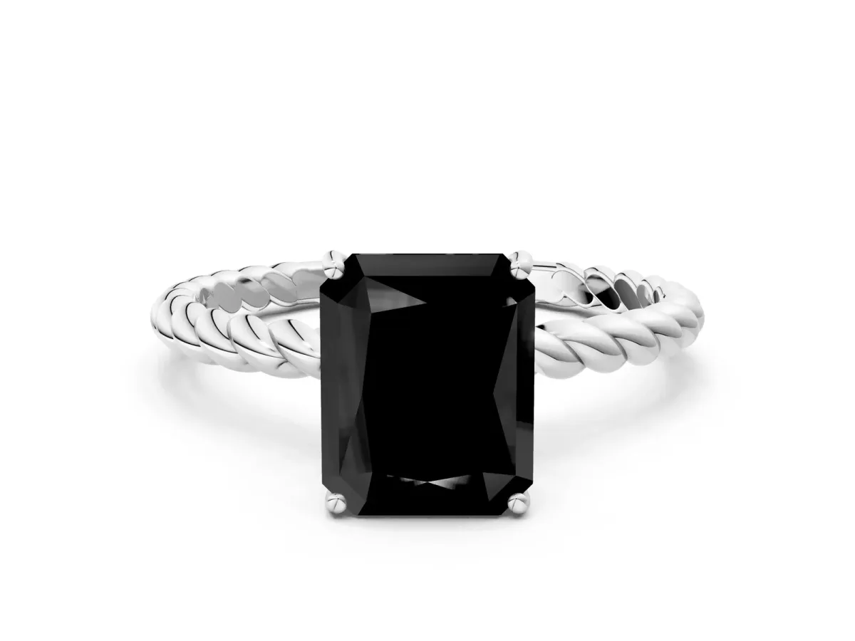 Fancy Black Radiant Cut Solitaire Twisted Band 4-Prong Ring Platinum