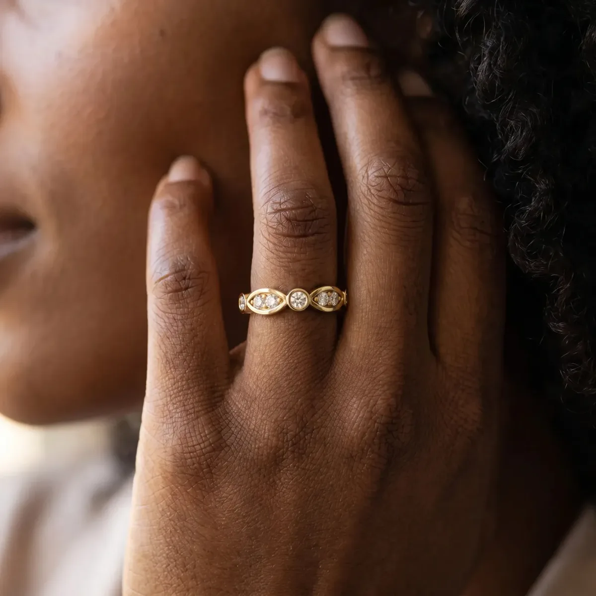 Bezel Set Round Diamond Marquise Band Yellow gold