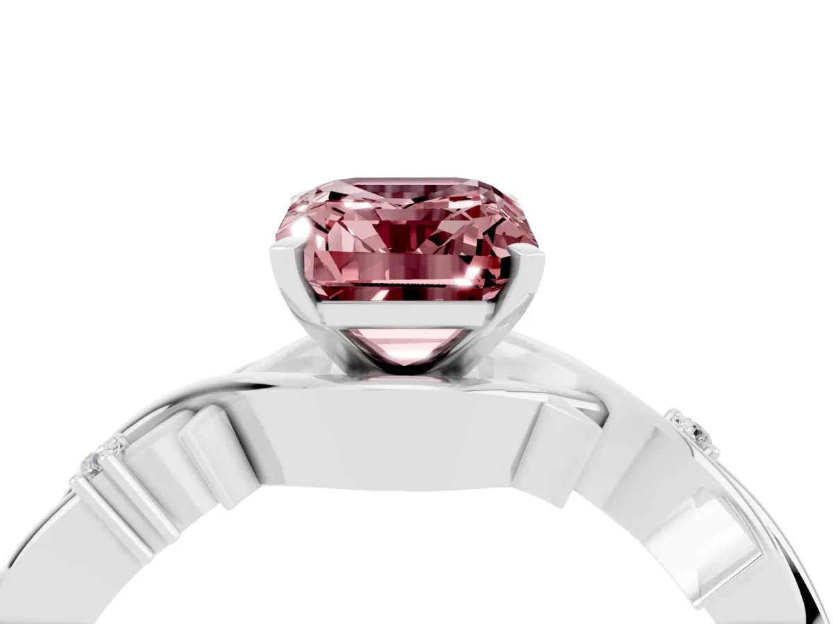 Emerald Cut Morganite Solitaire Ring with Twisted Band and Prong Setting Silver
