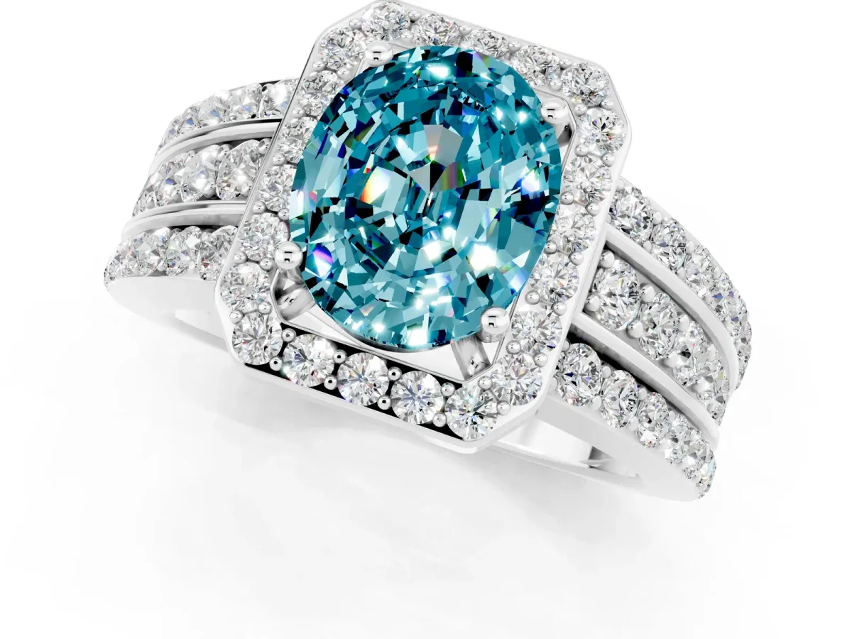 Oval Cut Halo Blue Topaz Ring with Round Split Shank and Prong Setting Platinum