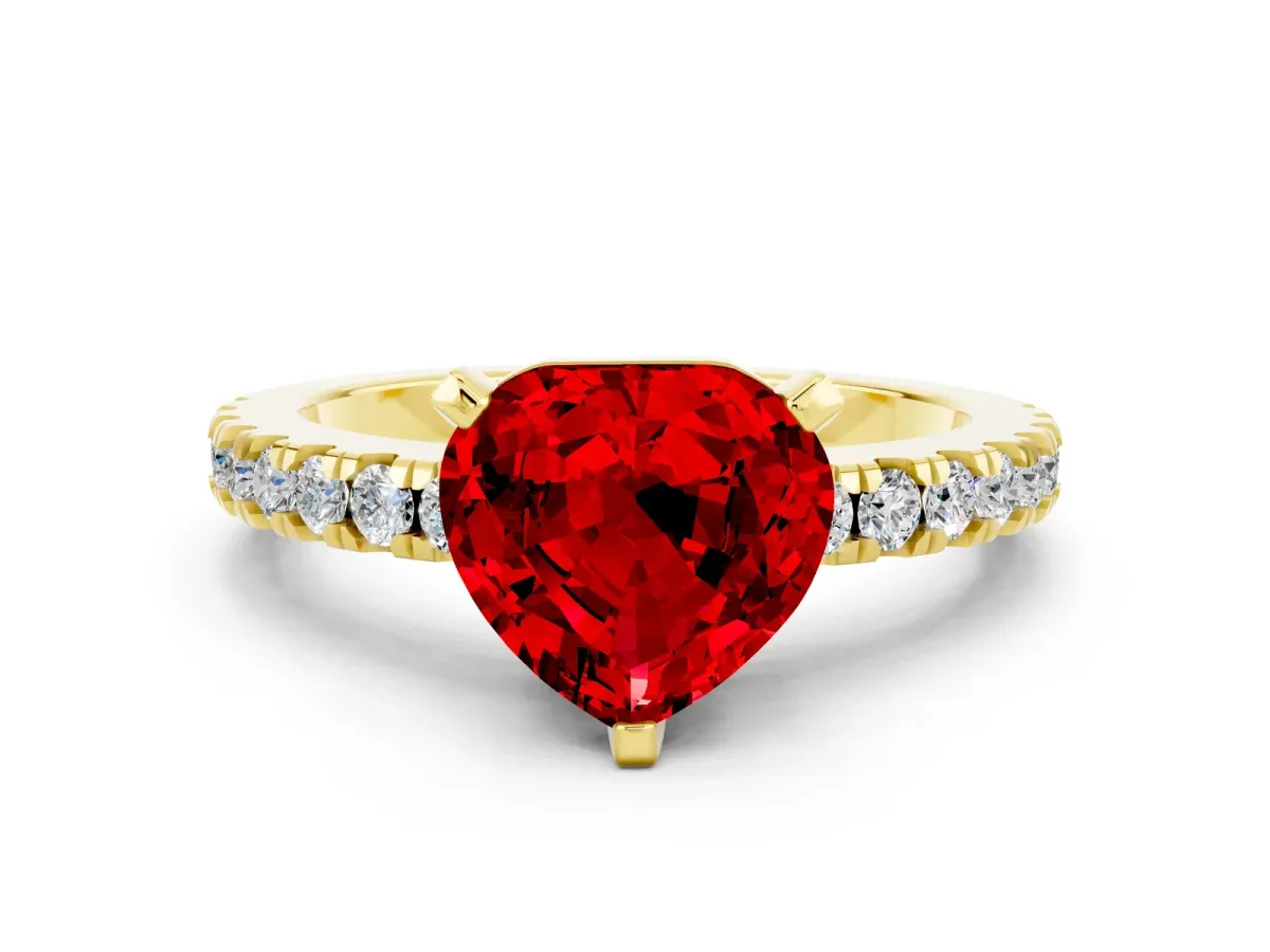 Heart Cut Solitaire Ruby with Pavé Band and Four-Prong Setting Yellow gold