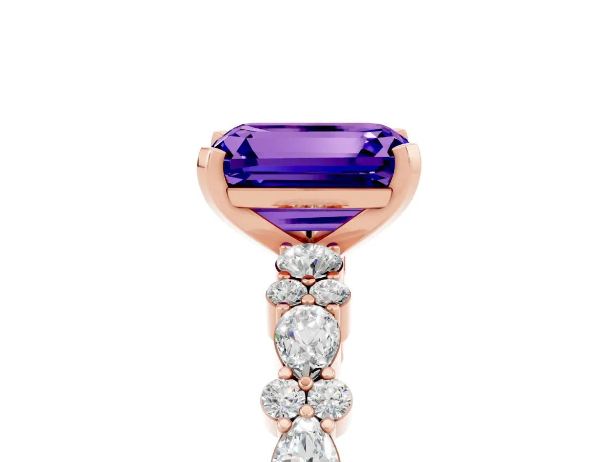 Emerald Cut Tanzanite Side Stone Solitaire Ring with Round and Four-Prong Setting Rose gold