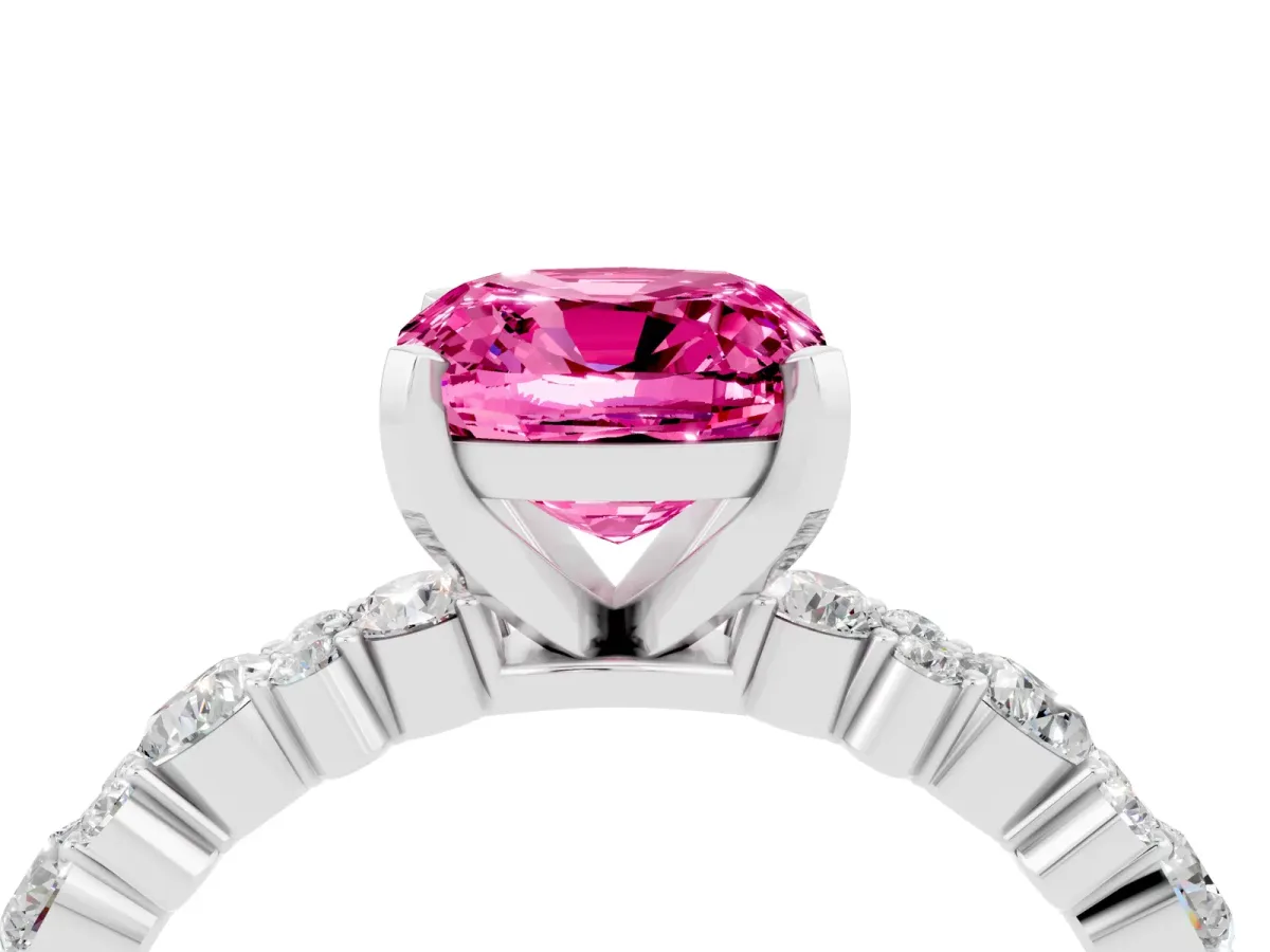 Cushion Cut Pink Sapphire Side Stone Solitaire Ring with Round and Four-Prong Setting Silver