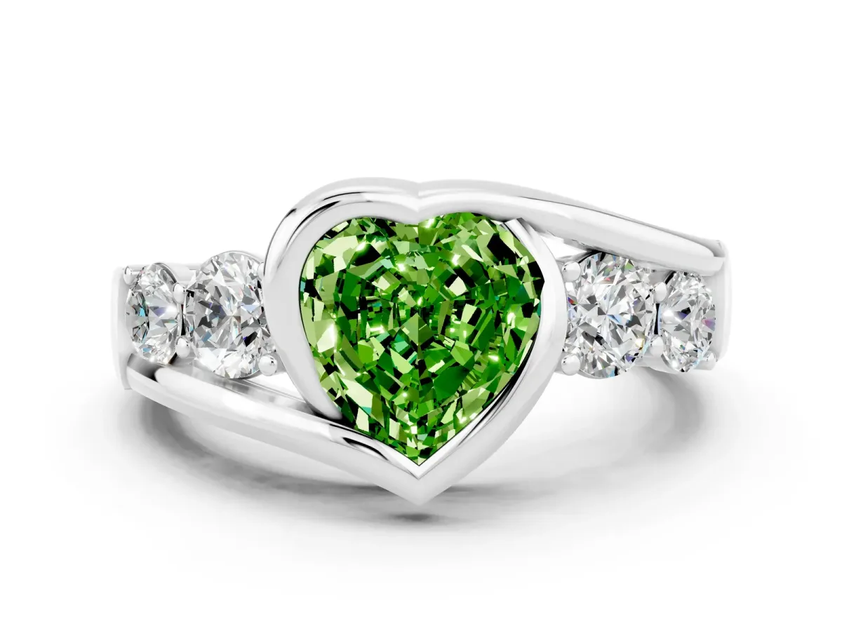 Bezel Set Heart Cut Peridot Bypass Ring with Round Accents Silver