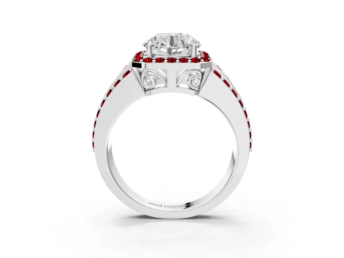 Round Cut Halo Diamond Ring with Round Ruby Split Shank and Prong Setting Silver