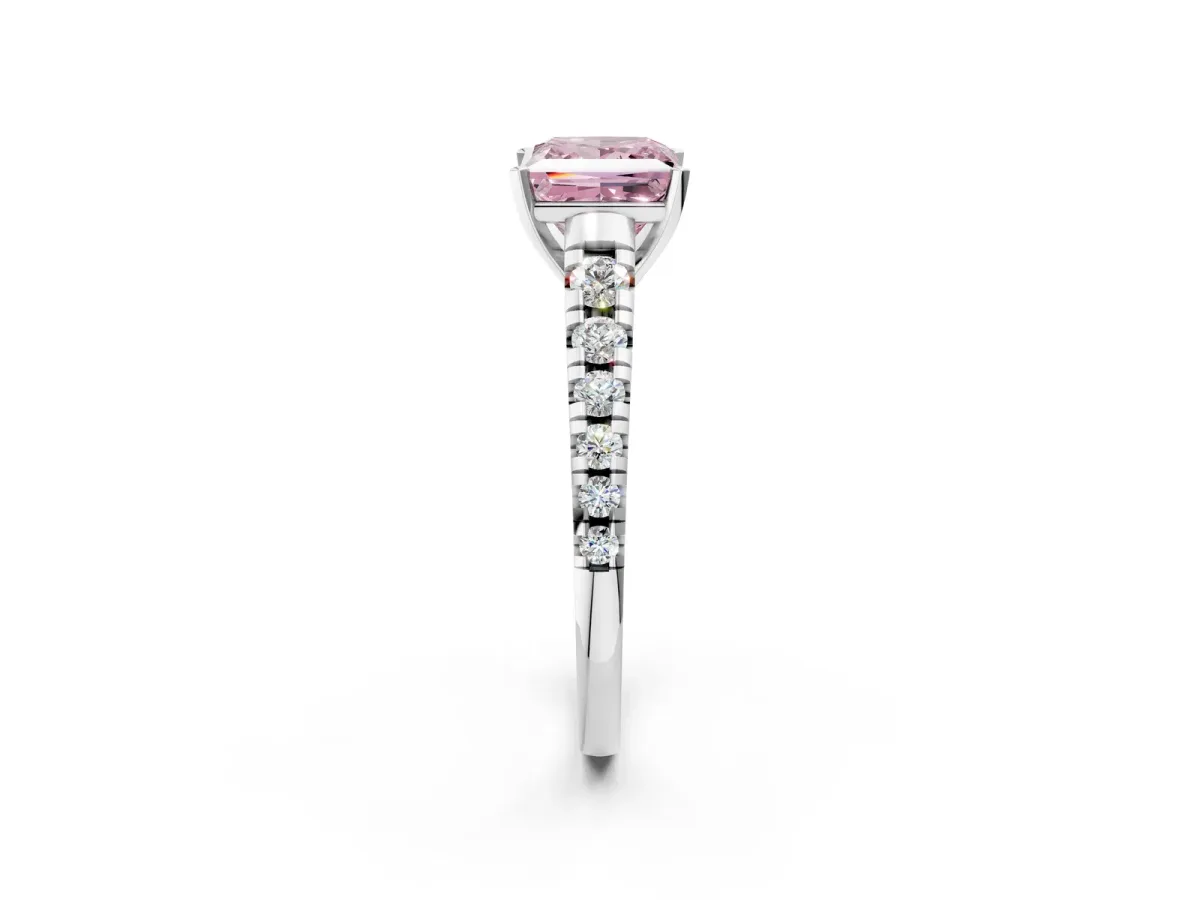 Fancy Pink Princess Cut Diamond Cathedral Solitaire Ring with Round Pavé Band Silver