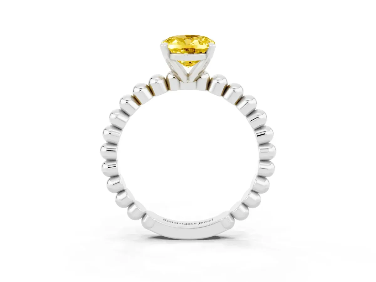 Oval Cut Yellow Sapphire Solitaire Ring with Beaded Band and Prong Setting Platinum