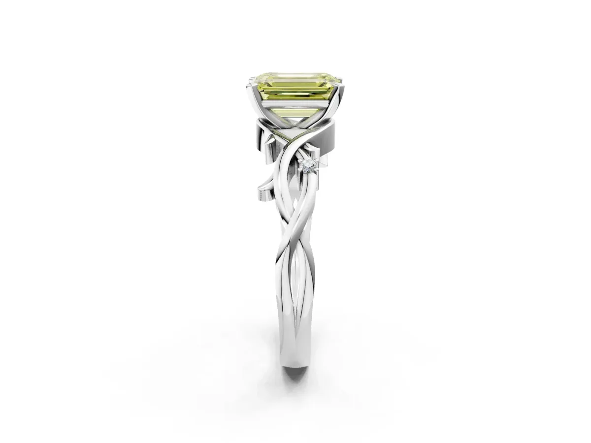 Fancy Yellow Emerald Cut Diamond Solitaire Ring with Twisted Band and Prong Setting White gold