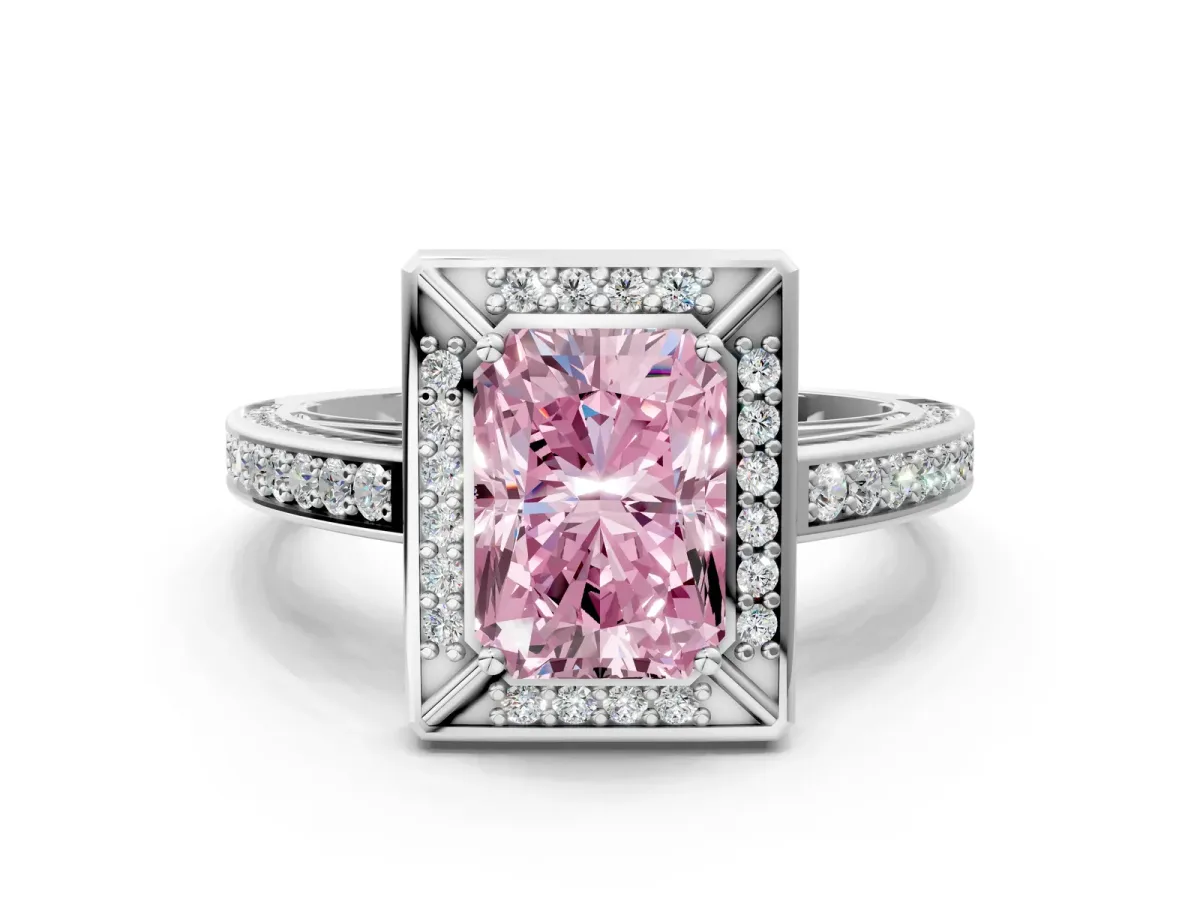 Fancy Pink Radiant Cut Cut Halo Pave Split Shank Prong Setting Ring Platinum