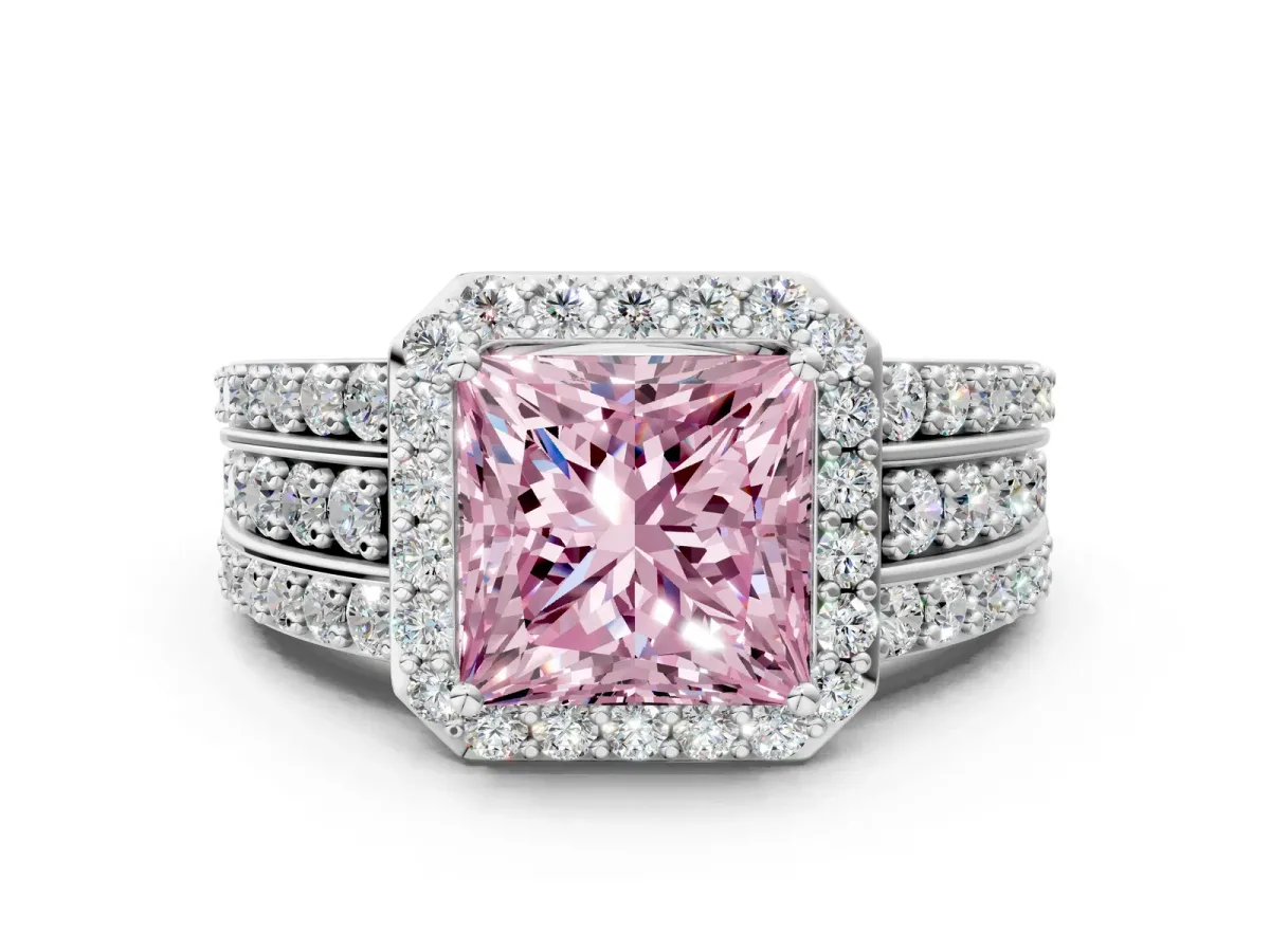 Fancy Pink Princess Cut Halo Diamond Ring with Round Split Shank and Prong Setting Silver