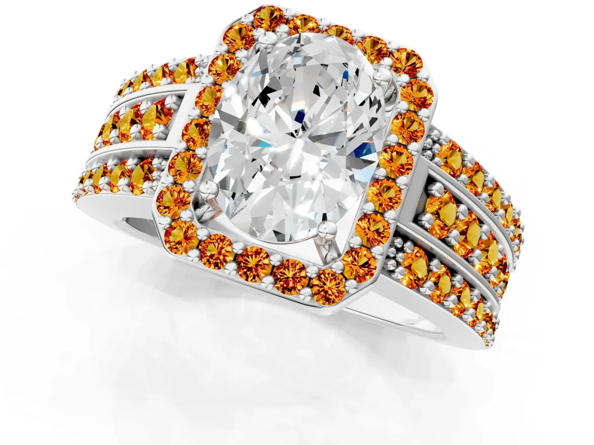 Oval Cut Halo Diamond Ring with Round Citrine Split Shank and Prong Setting Silver
