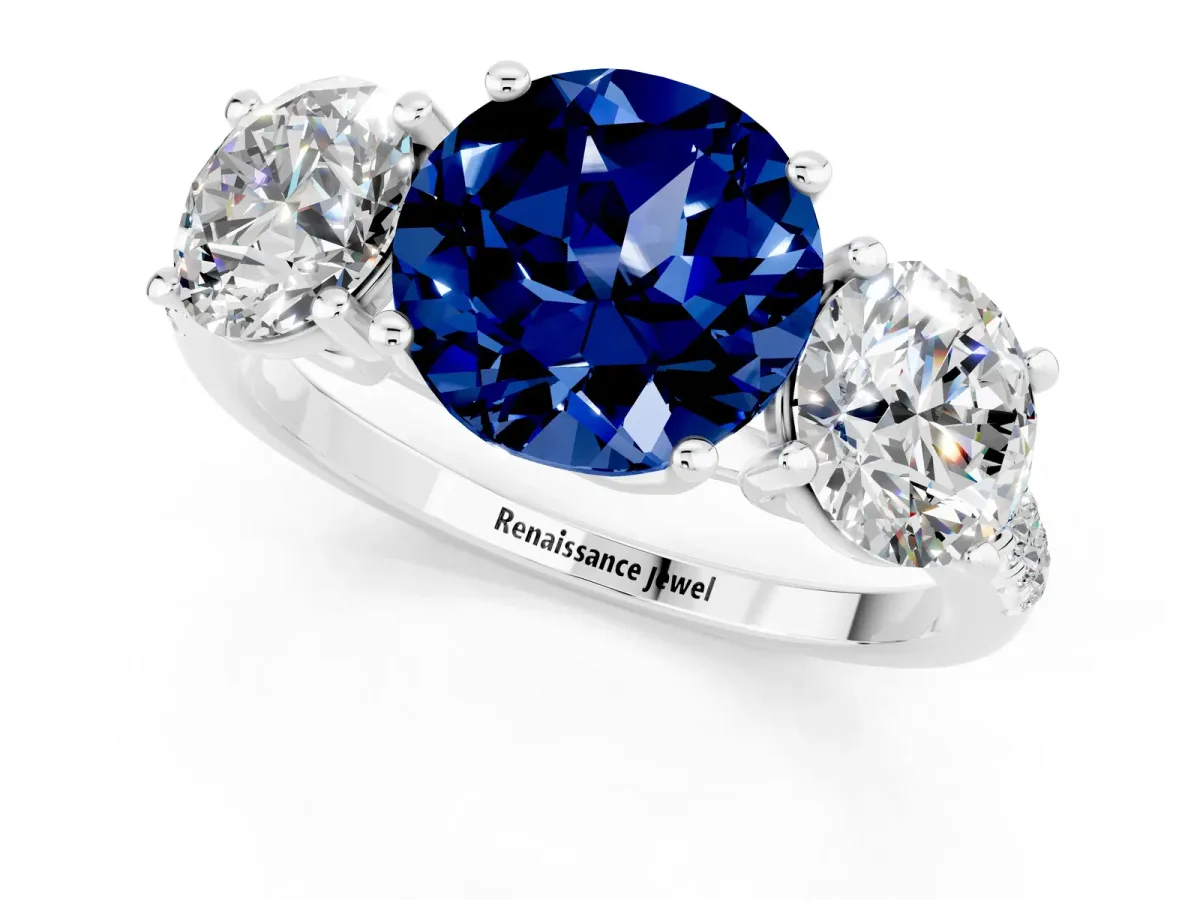 Three-Stone Round Cut Blue Sapphire Ring with Round Pavé Band and Prong Setting Silver