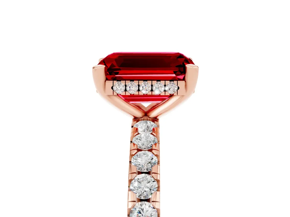 Emerald Cut Ruby Solitaire Ring with Round Pavé Band and Four-Prong Setting Rose gold