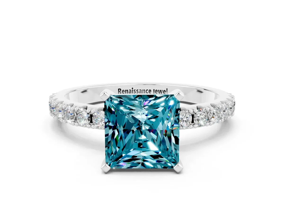 Princess Cut Blue Topaz Solitaire Pavé Band with Four-Prong Setting Silver