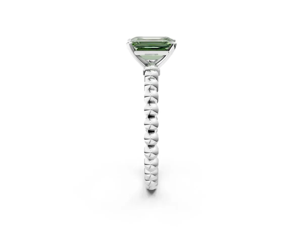 Fancy Green Emerald Cut Diamond Solitaire Ring with Beaded Band and Prong Setting Silver