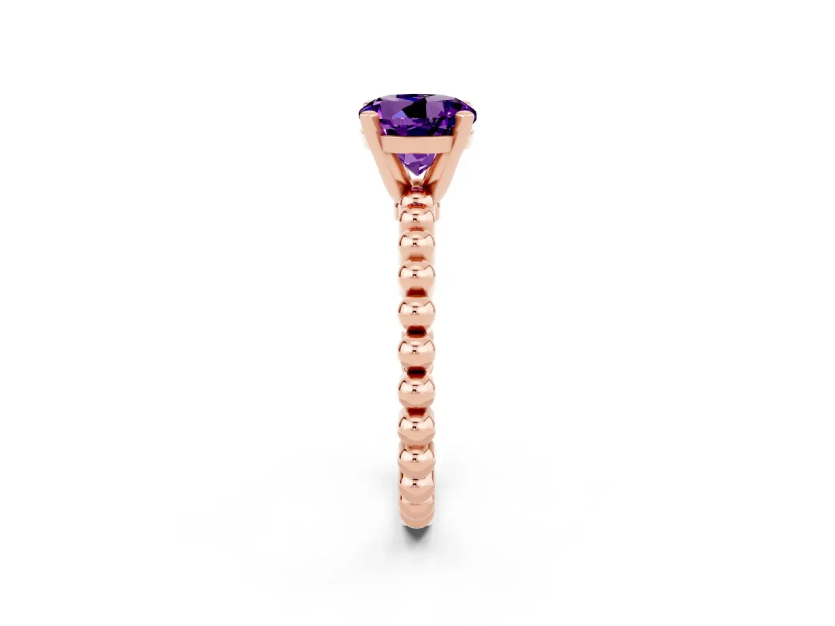 Round Cut Amethyst Solitaire Ring with Beaded Band and Prong Setting Rose gold