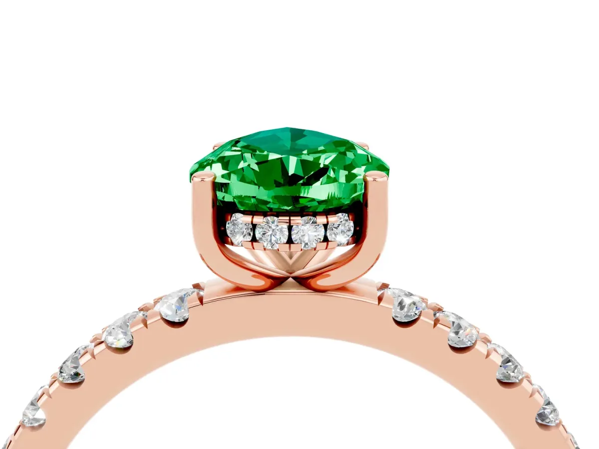 Pear Cut Emerald Pave Band Solitaire Ring with Round and Prong Setting Rose gold