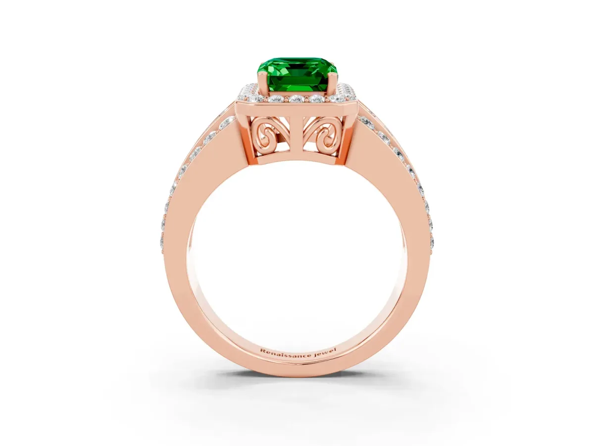 Emerald Cut Halo Emerald Ring with Round Split Shank and Prong Setting Rose gold