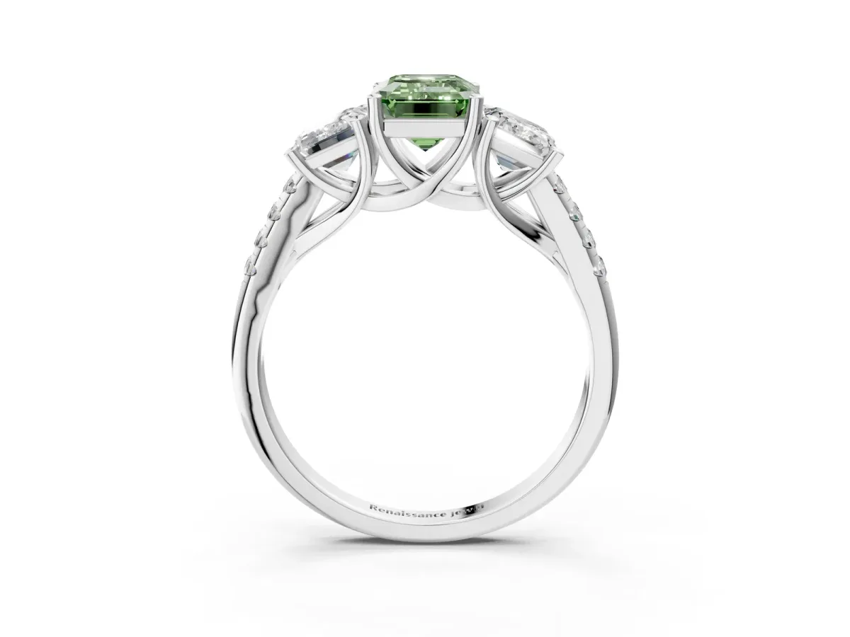 Fancy Green Three-Stone Emerald Cut Diamond Ring with Round Pavé Band and Prong Setting Platinum