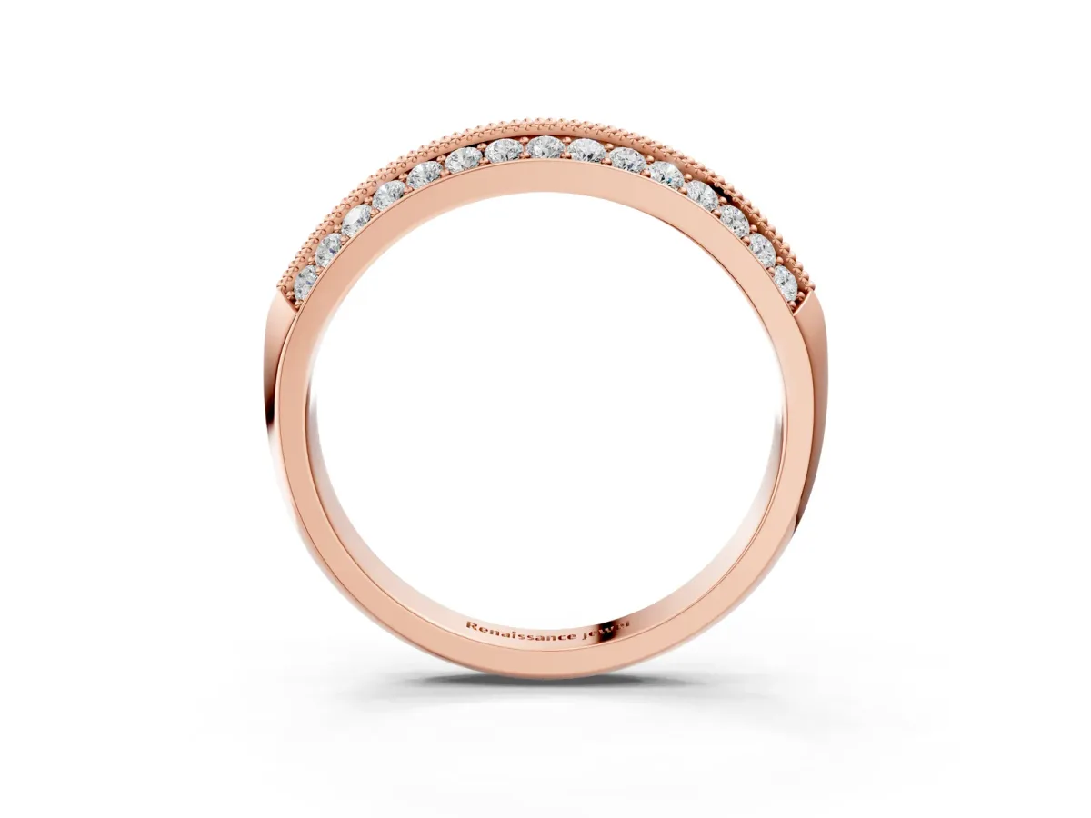 Double Row Pavé Round Diamond White Gold Band with Shared Prong Setting Rose gold