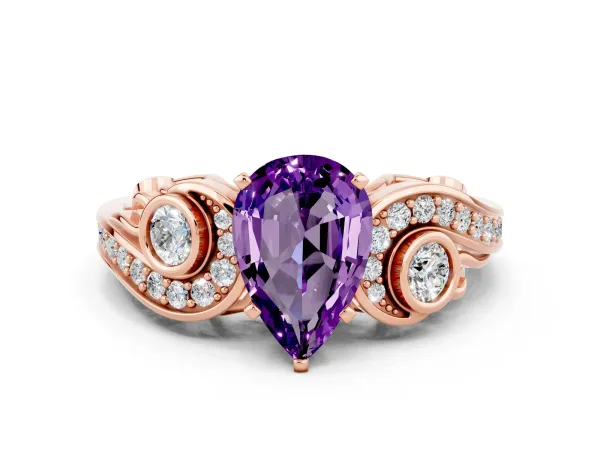 Pear Cut Amethyst Solitaire Ring with Milgrain Pavé Band and Four-Prong Setting Rose gold