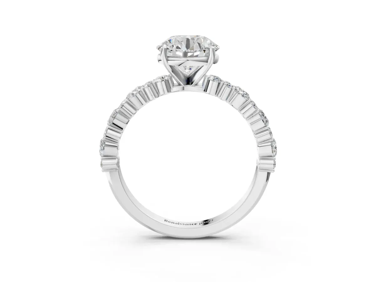 Round Cut Diamond Side Stone Solitaire Ring with Round and Four-Prong Setting White gold