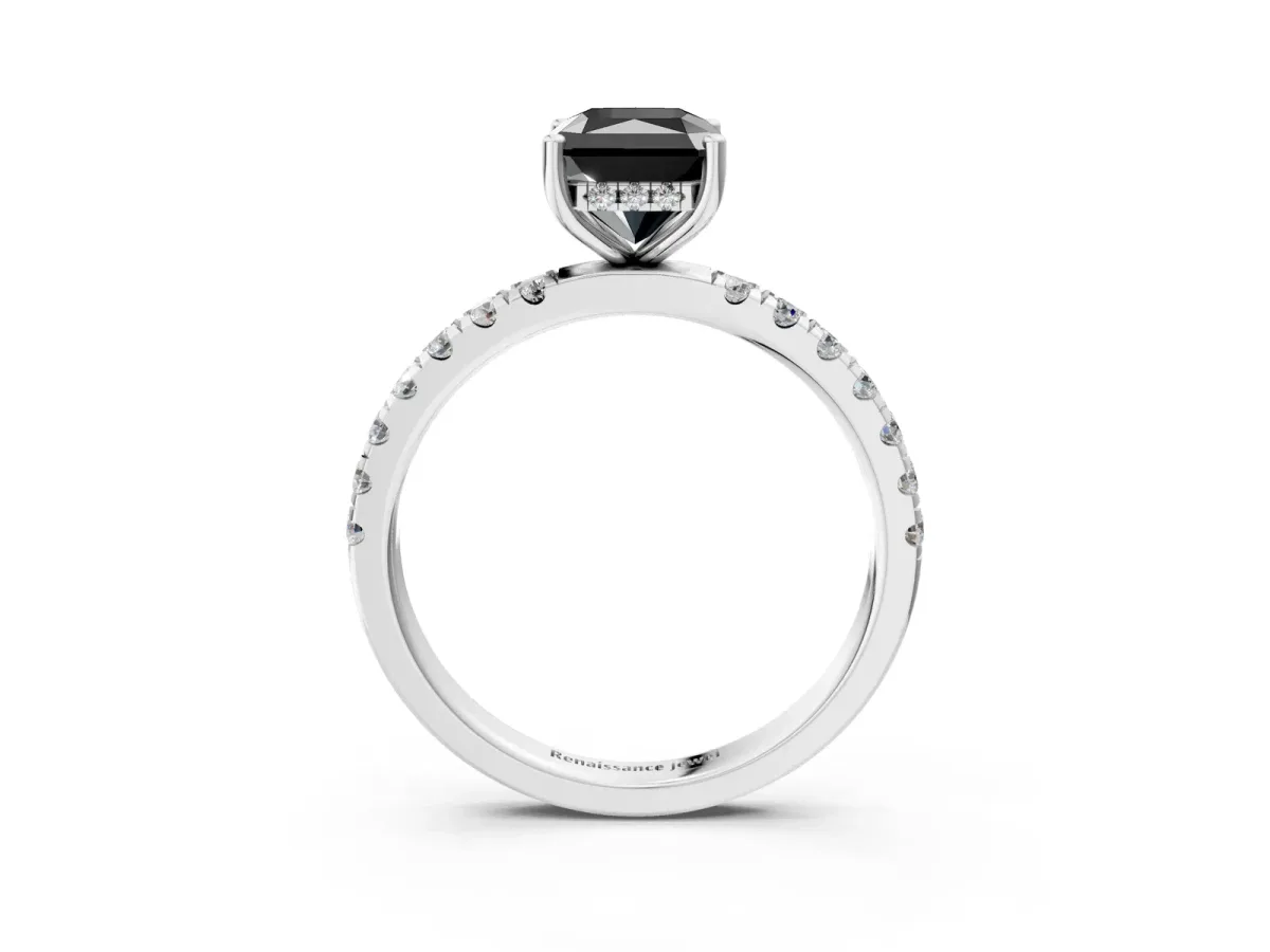 Fancy Black Radiant Cut Diamond Pave Band Solitaire Ring with Round and Prong Setting Silver