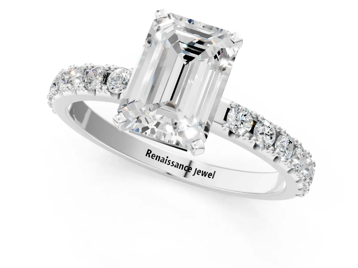 Emerald Cut Diamond Solitaire Pavé Band with Four-Prong Setting Silver