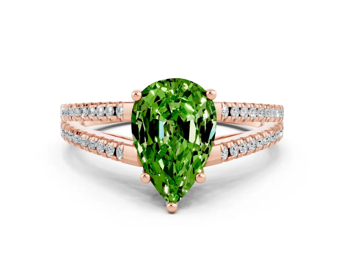 Pear Cut Peridot Solitaire Engagement Ring with Split Shank Pavé Band Rose gold