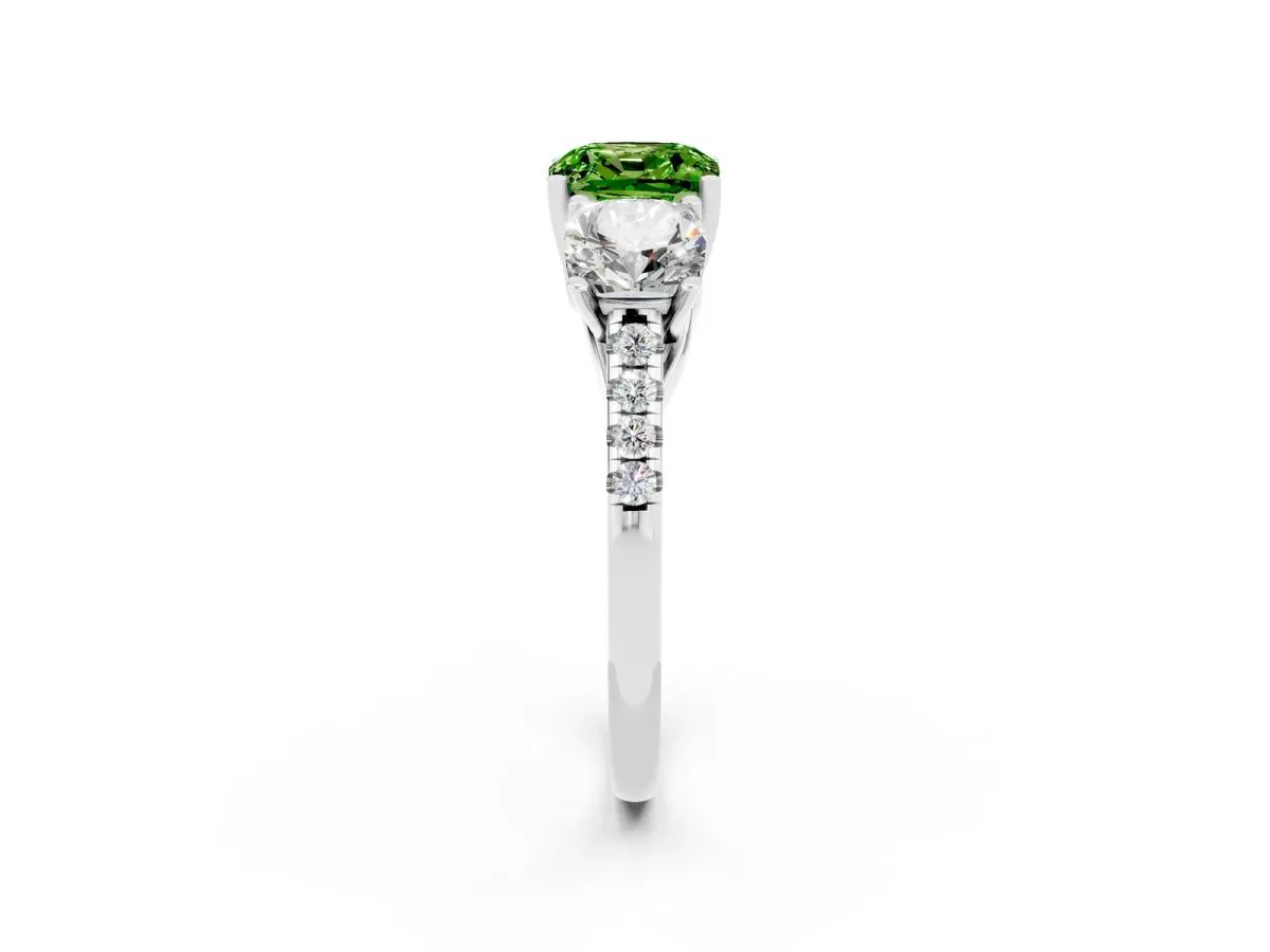 Three-Stone Cushion Cut Peridot Ring with Round Pavé Band and Prong Setting Silver