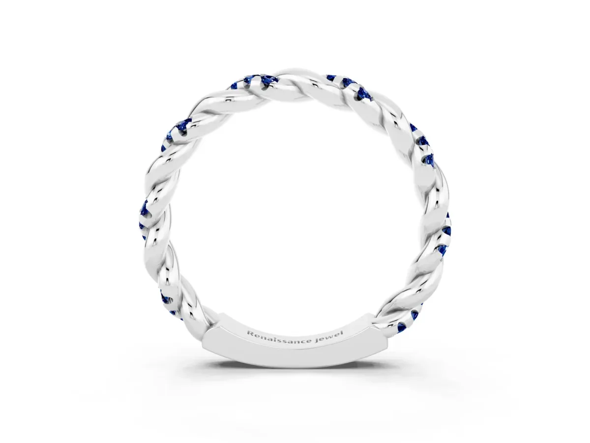 Twisted Pavé Round Blue Sapphire Eternity Band Silver