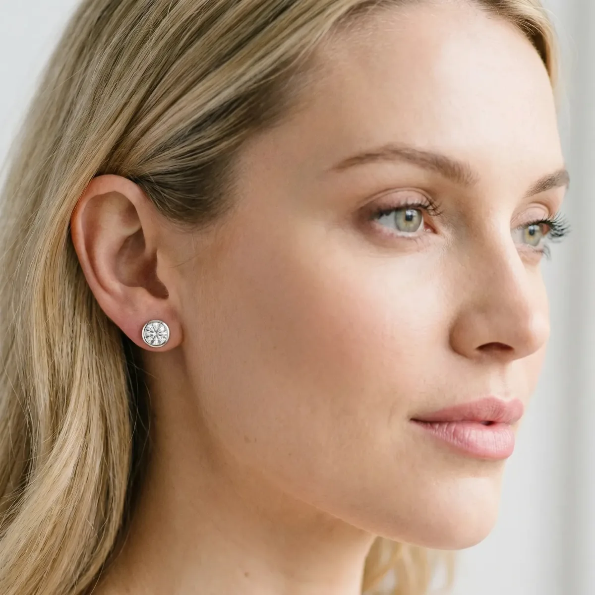 Bezel Set Round Diamond Stud Earrings Silver