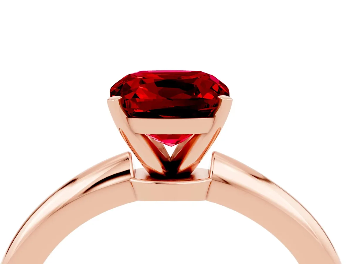 Cushion Cut Ruby Solitaire Ring with Six-Prong Setting and Classic Band Rose gold