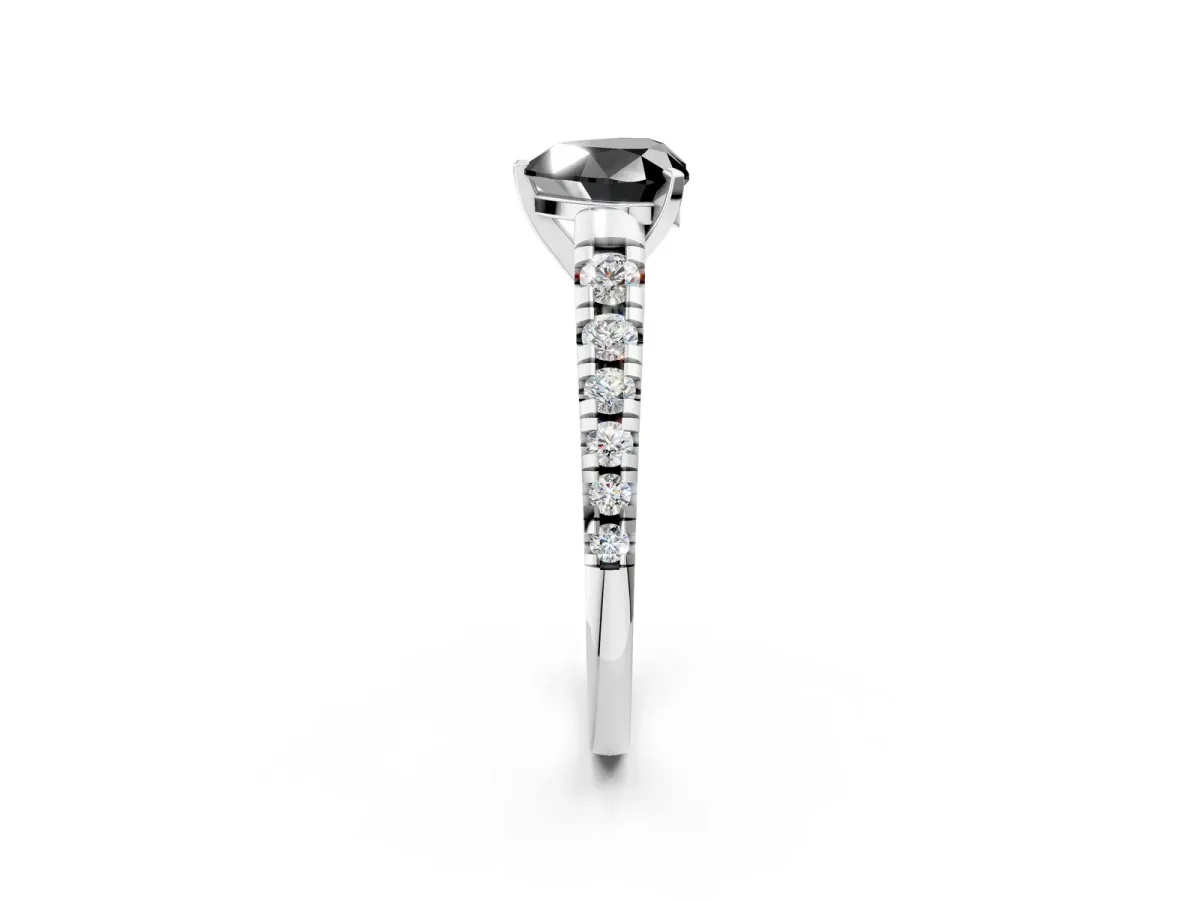 Fancy Black Heart Cut Diamond Cathedral Solitaire Ring with Round Pavé Band Silver