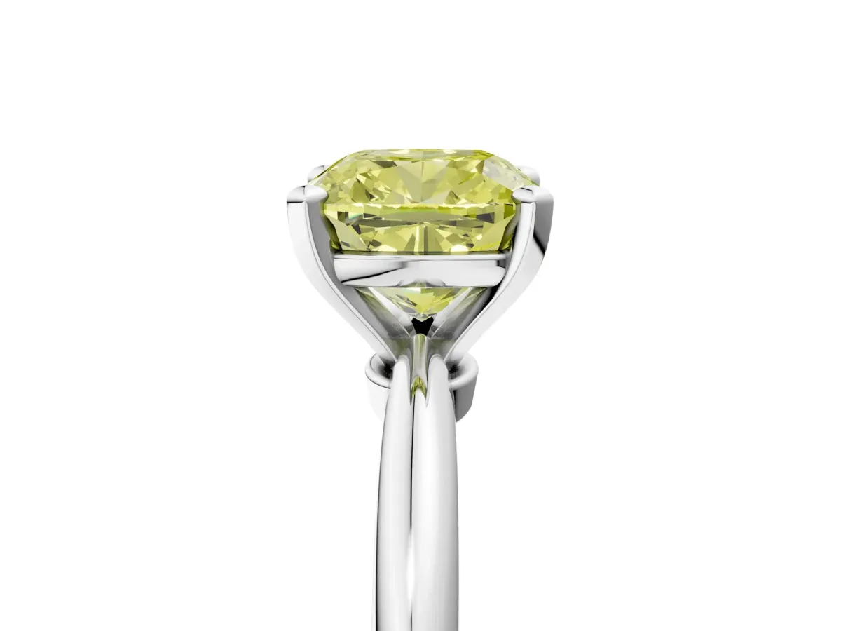 Fancy Yellow Cushion Cut Diamond Solitaire Ring with Six-Prong Setting and Classic Band Silver