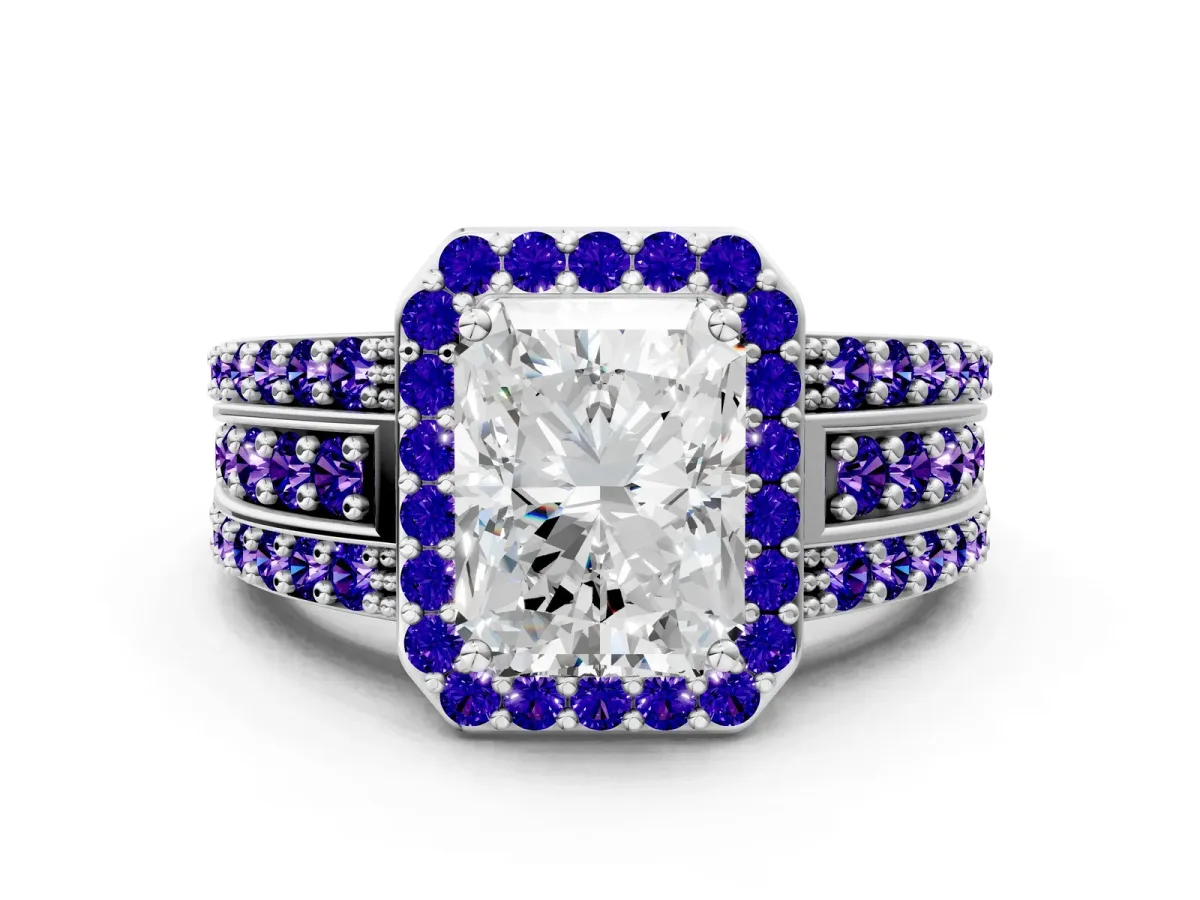 Radiant Cut Halo Diamond Ring with Round Tanzanite Split Shank and Prong Setting Silver