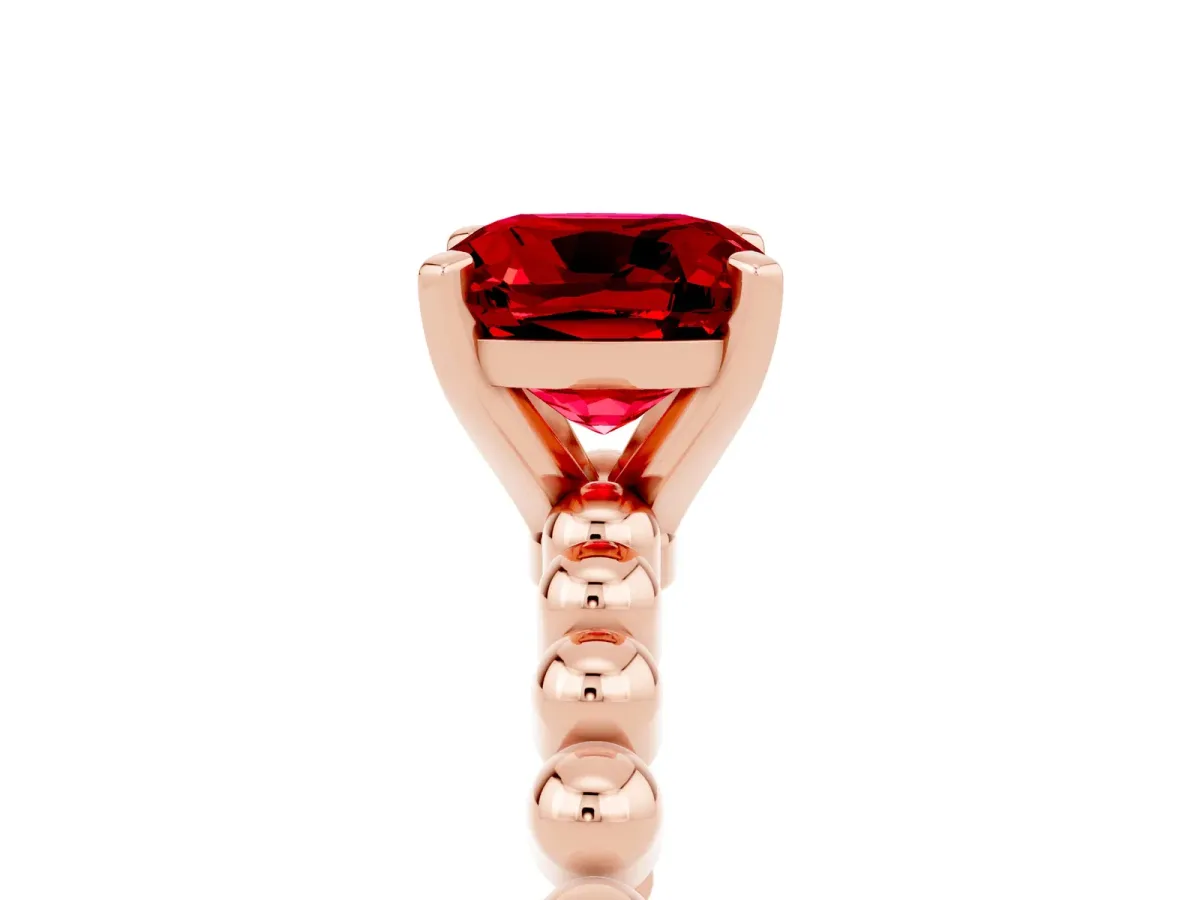 Cushion Cut Ruby Solitaire Ring with Beaded Band and Prong Setting Rose gold