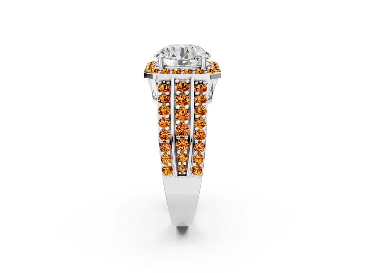 Round Cut Halo Diamond Ring with Round Citrine Split Shank and Prong Setting Platinum
