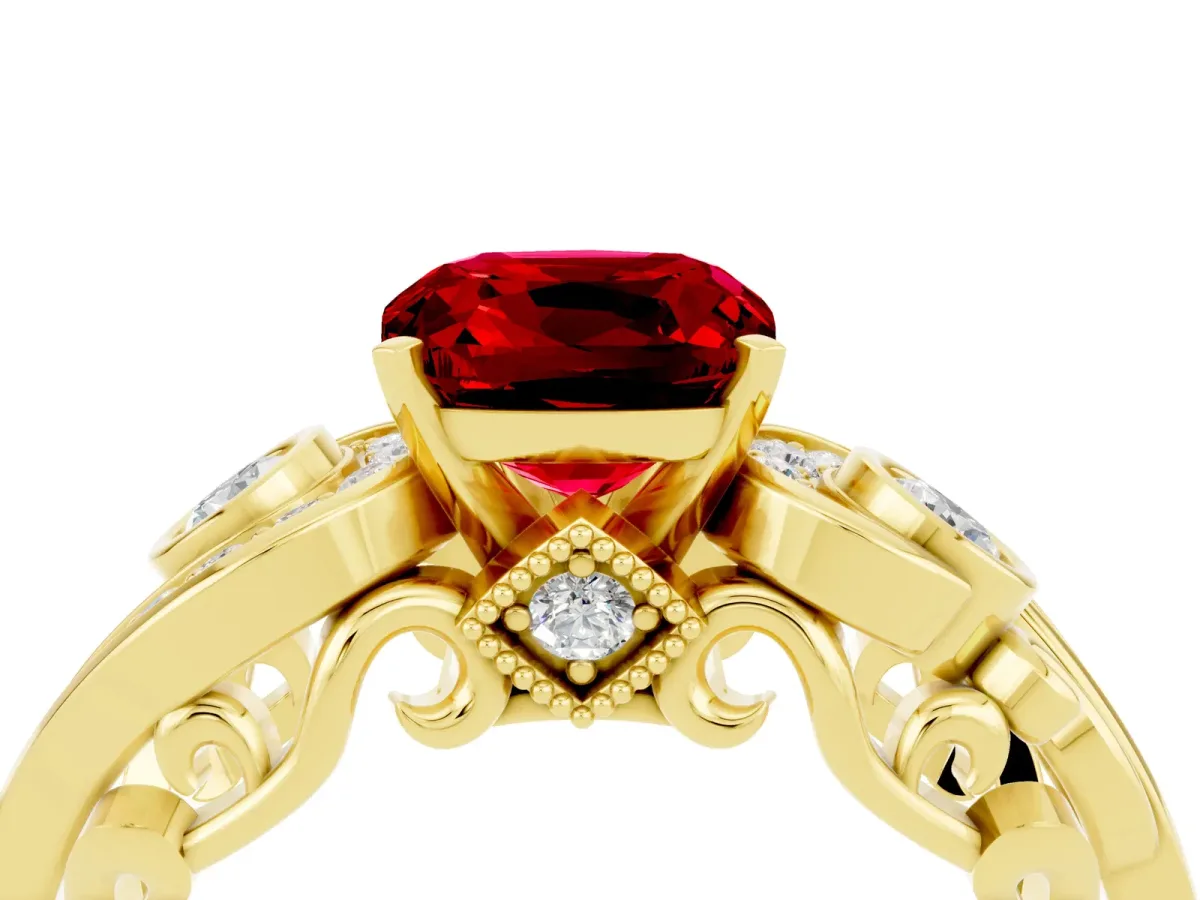 Cushion Cut Ruby Solitaire Ring with Milgrain Pavé Band and Four-Prong Setting Yellow gold