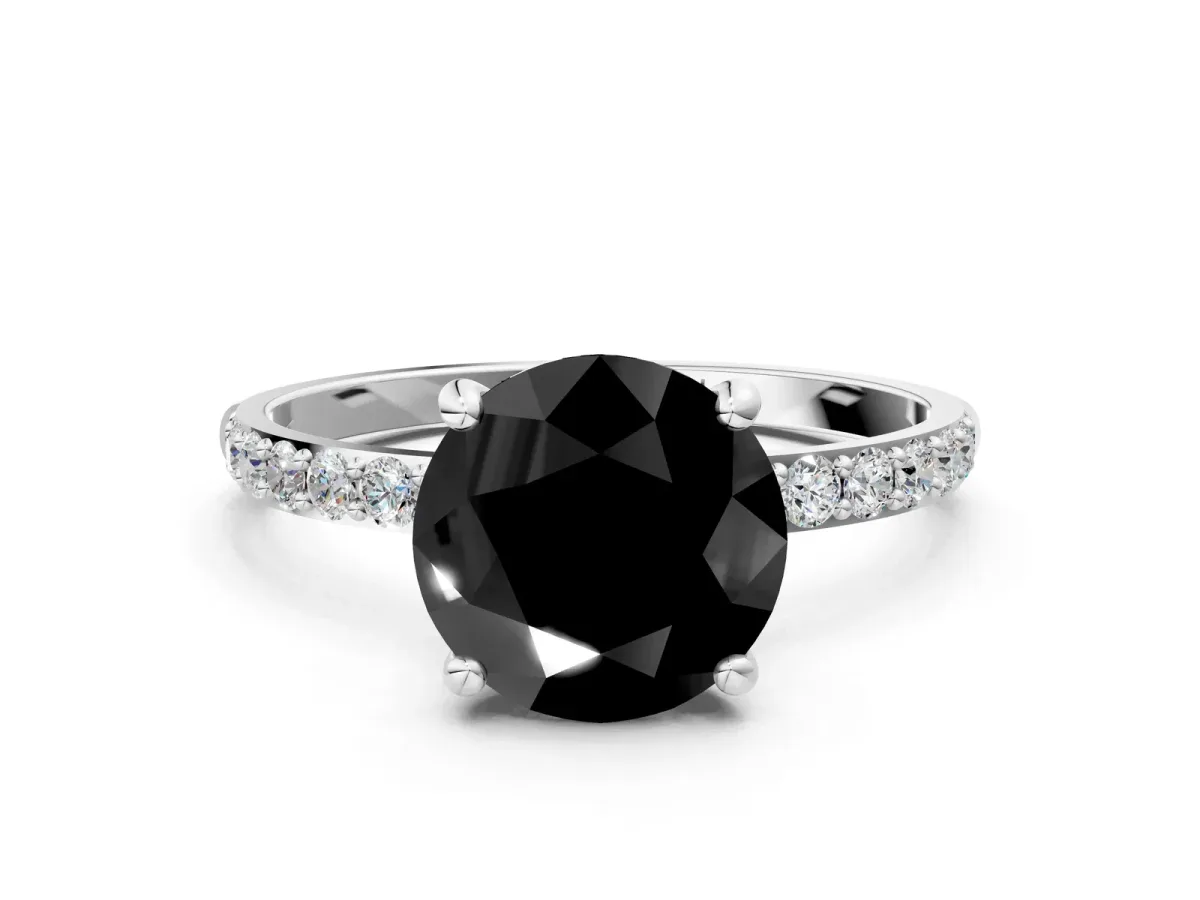 Fancy Black Round Cut Diamond Solitaire Ring with Round Pavé Band and Prong Setting Silver